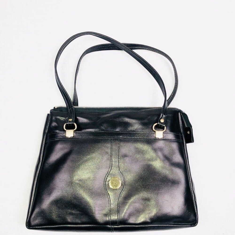 Vintage 60s Mod Womens Pocketbook Black Leather Purse Tote